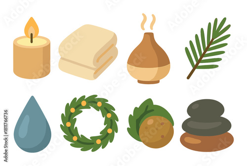 Spa elements collection with candle, towel, and aromatherapy icons on green background