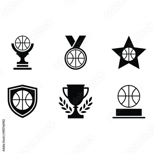 Collection of basketball award icons including trophies medals and shields