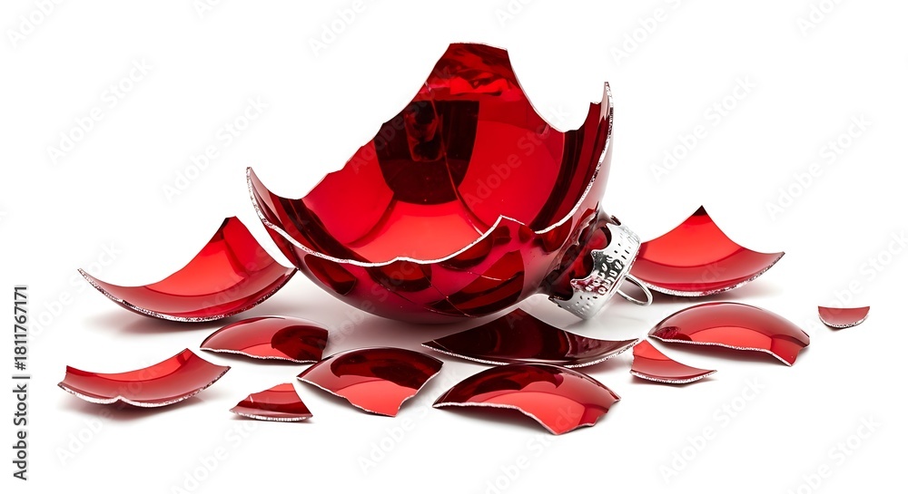 Fototapeta premium Shattered red christmas ornament, symbolizing fragility, loss, or the end of the holiday season, isolated on white background