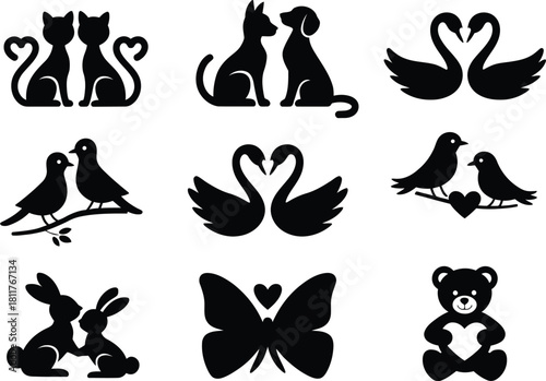 Animal Love Silhouette Set – Cats, Dogs, Swans, Birds, Rabbits and Teddy Heart Icons