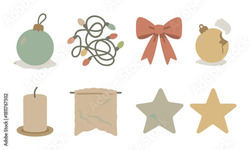 Colorful christmas ornaments and decorations with lights, bow, stars, candle, and baubles