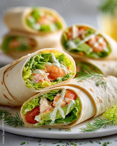 An ultra-realistic close-up of a fresh wrap filled with prawns, avocado, greens, and light sauce, captured in natural daylight with crisp detail and soft depth of field.