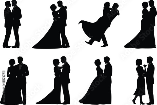 Wedding Couple Silhouettes – Bride and Groom Poses, Romantic Dance and Elegant Love Scenes