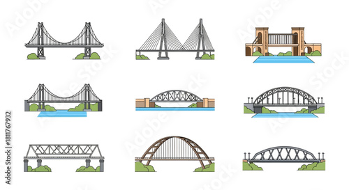 Architectural and civil engineering bridge icon set. A diverse collection of transport crossing structures as vector design elements