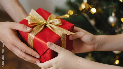 クリスマスプレゼントを子供に手渡す手元のクローズアップ Close-up of hands giving a Christmas gift to a child