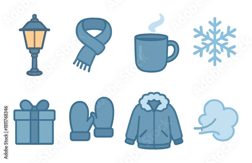 Winter icons: lantern, scarf, hot drink, snowflake, gift, mittens, jacket, breath