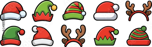 Collection of christmas hat and reindeer antler headband icon set