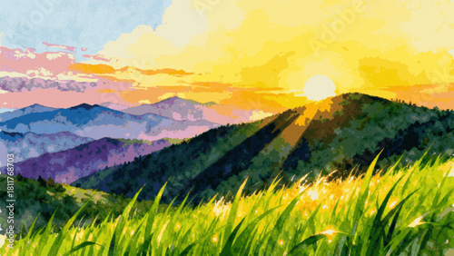 Sunrise Peaks Sunrise Over Mountains isolated watercolor vector illustration svg