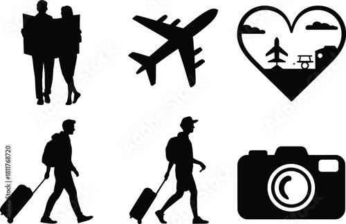 Travel Silhouette Icons – Tourist Couple, Airplane, Luggage, Camera and Travel Love Symbols