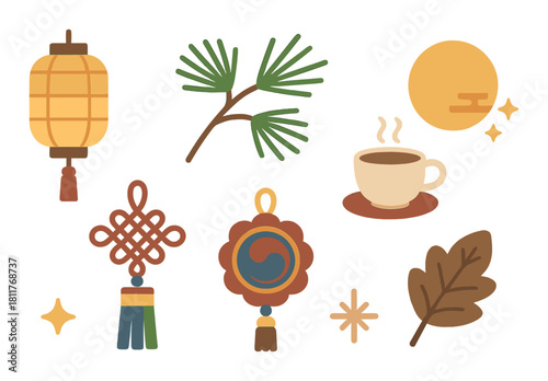Autumn festival icons: lantern, pine, tea, moon, decorations, leaves