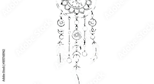 Detailed hand-drawn mystical talisman with cosmic symbols, moons, and stars line art isolated on Transparent Background