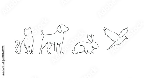 Minimalist continuous line drawing animal icons set for pets and wildlife design isolated on Transparent Background