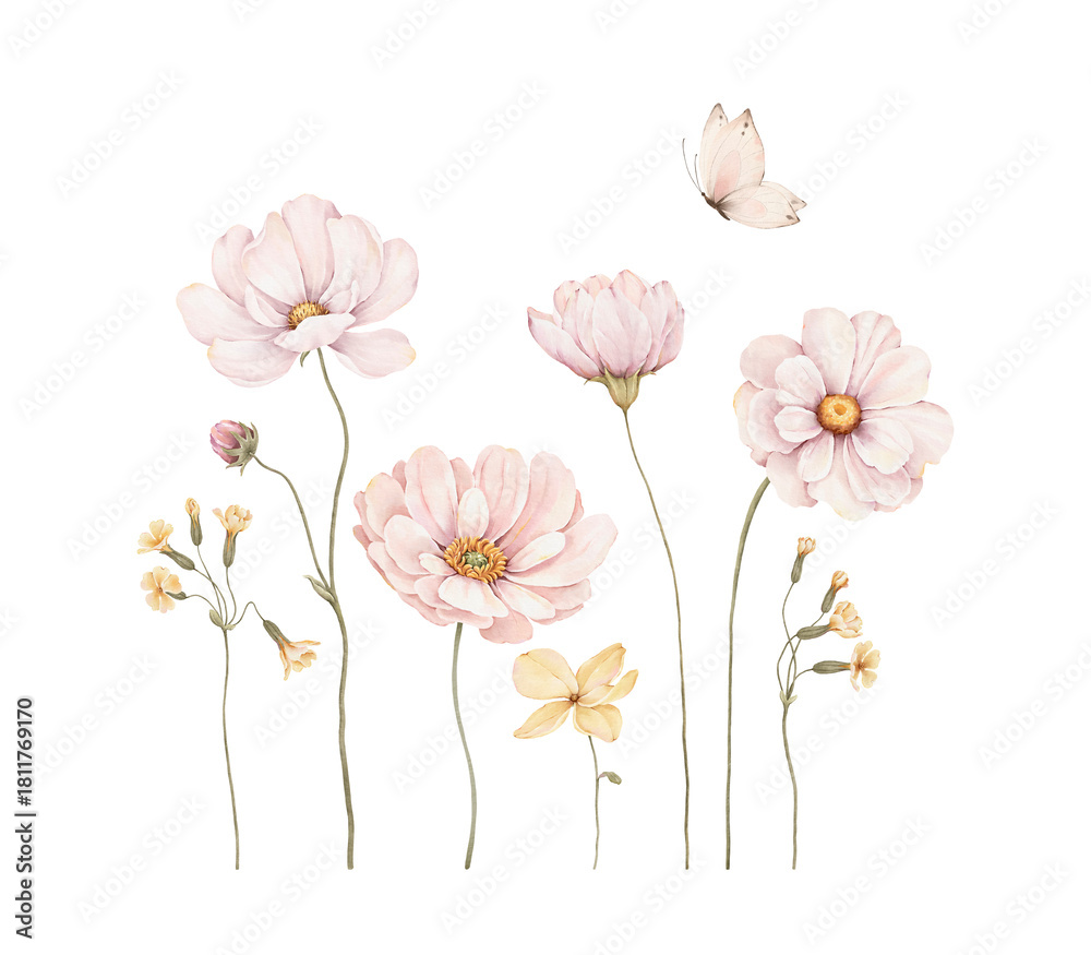 Naklejka premium Watercolor set with delicate blossom yellow and pink flowers. Hand-drawn design composition for your cards, border, banners, poster or floral print. Isolated aquarelle illustration.