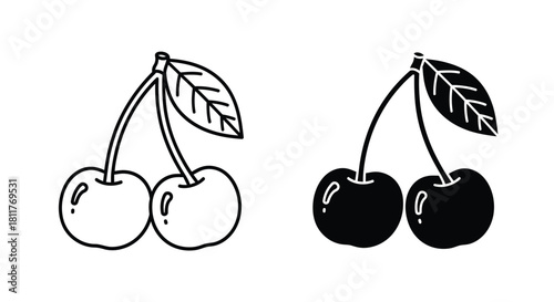 A pair of cherries in two distinct black and white styles are shown