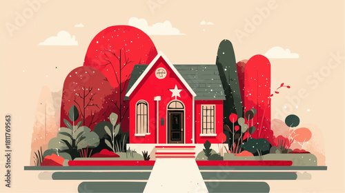 Colorful winter house with star decoration, festive illustration for holiday packaging, seasonal promotions and product labels
