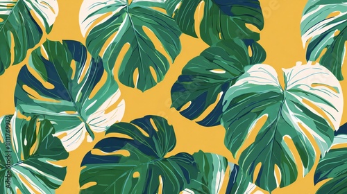 Tropical Monstera Leaf Pattern on Yellow Background
