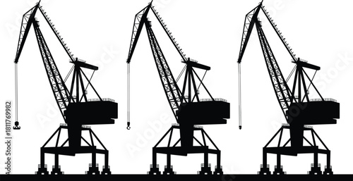 Silhouette of industrial cranes, heavy lifting equipment, clamshell bucket, hook mechanism, construction machinery, black and white illustration, port operations, crane comparison
