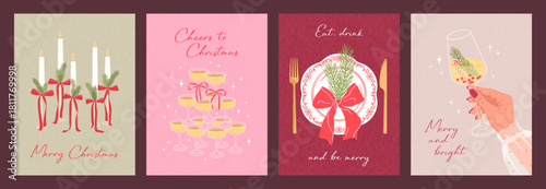 Vintage cards set of Merry Christmas. Hand drawn illustration with glasses of champagne, dinner plate, candles, Christmas tree branches, candy cane. Trendy design for poster, cover, invitation, banner