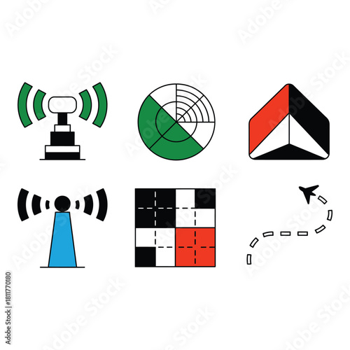 Collection of communication and navigation icons including antennas radar and airplane path