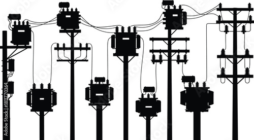 Silhouette vector illustration of utility poles with electrical transformers and power lines—distribution infrastructure layout for engineering, planning, and technical reference