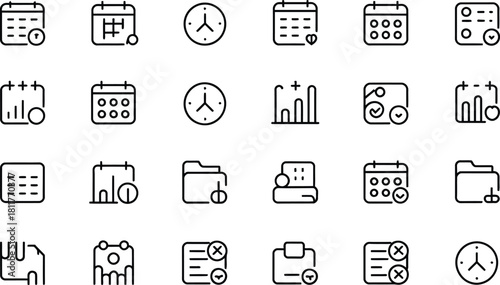 Hand drawn icon set featuring calendar clock folder and list symbols perfect for planning scheduling and organization in a simple style