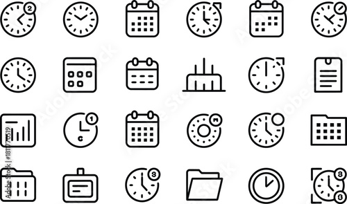 Hand drawn doodle style icon set representing time management schedules appointments deadlines and reminders for business and personal productivity planning