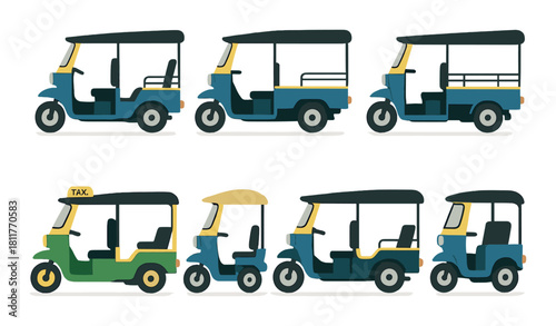 Series of colorful tuk-tuk variations in urban setting