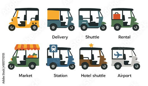 Colorful various types of auto rickshaws for transportation and delivery services