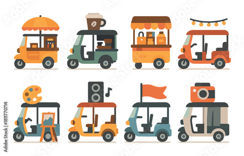 Colorful cartoon food trucks with diverse designs and unique themes