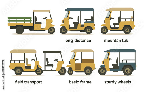 Various styles of yellow and blue auto rickshaws and tuk-tuks for different transport needs