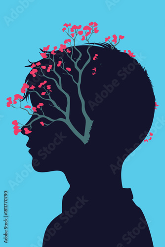 A minimalist silhouette of a child’s head filled with blooming branches, symbolizing imagination, growth, and emotional healing. Ideal for themes of childhood, mental health, creativity, and inner wor