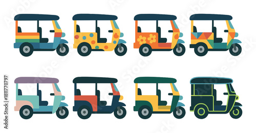 Colorful art deco auto rickshaws pattern with vibrant geometric designs