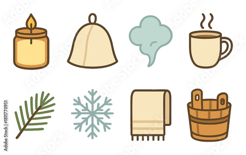 Cozy sauna icons: candle, steam, coffee, towel, snowflake, bucket, bell, pine branch