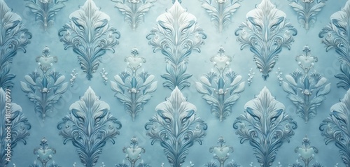 Blue damask pattern. Floral vintage background with ornamental design elements in art nouveau style. Seamless texture illustration for fabric prints, web decor classic card backdrop. Royal elegant