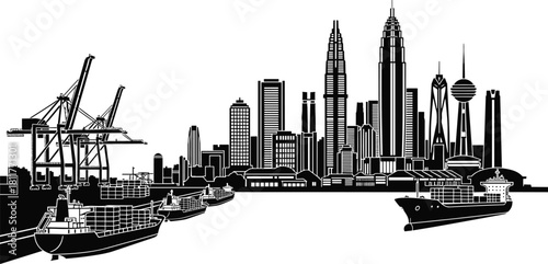 Silhouette of port city, cargo ships, container cranes, Kuala Lumpur skyline, Petronas Towers, maritime trade, urban development, global logistics, harbor infrastructure, shipping industry
