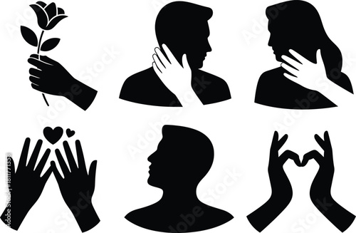 Romantic Hand and Face Silhouettes – Love Gestures, Heart Signs, Rose and Couple Icons