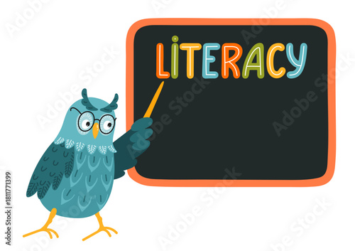 Wise owl points to blackboard with word literacy.