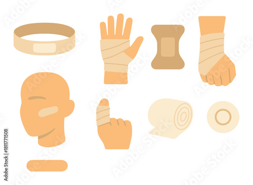 Medical bandages and first aid supplies on a yellow background