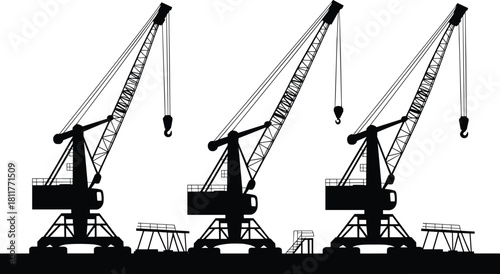 Silhouette of industrial cranes, heavy lifting equipment, hook and bucket mechanisms, construction machinery, black and white illustration, port infrastructure, crane comparison, logistics