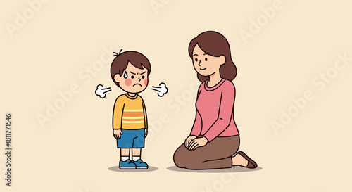 A patient cartoon mother kneels to talk with her angry young son who is fuming with rage.