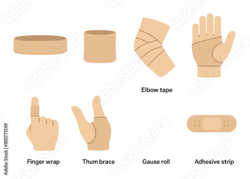 Variety of medical bandages and supports: elbow tape, finger wrap, adhesive strip