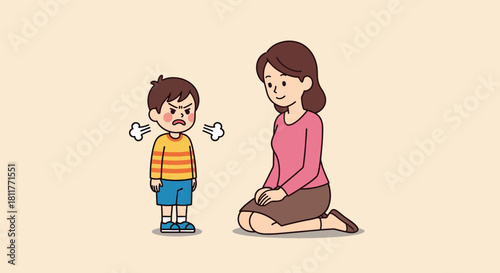 A patient mother kneels to talk to her angry young son who is fuming and having a tantrum in this cartoon illustration.