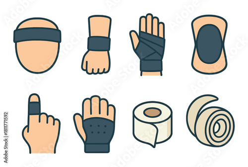 Collection of athletic gear: headband, wristband, hand wrap, knee pad, finger guard, gloves, tape, bandage