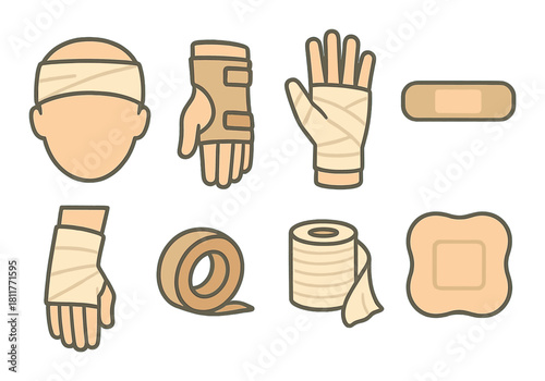 Medical first aid bandage icons set including bandages and medical supplies