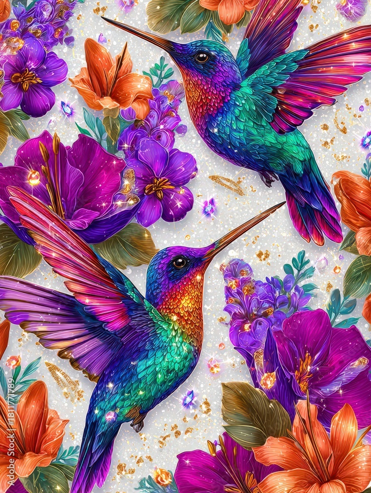 Naklejka premium Colorful hummingbirds surrounded by vibrant flowers in a bright and lively pattern