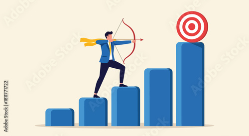 Businessman Aiming Arrow at Target atop Progressing Blue Steps.