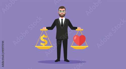 Businessman Balancing Money and Love on Scales Concept Illustration.