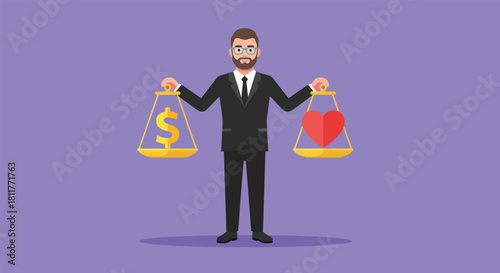Businessman in a suit holding scales balancing a dollar sign against a red heart.