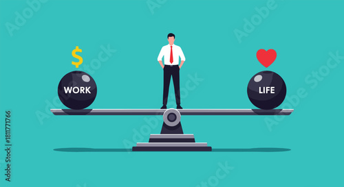 Businessman balancing work and life on a scale representing financial and personal wellbeing with money and heart symbols.