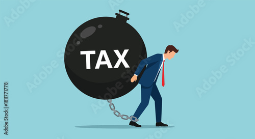 Businessman burdened by a heavy tax weight chained and struggling to walk under the financial pressure.